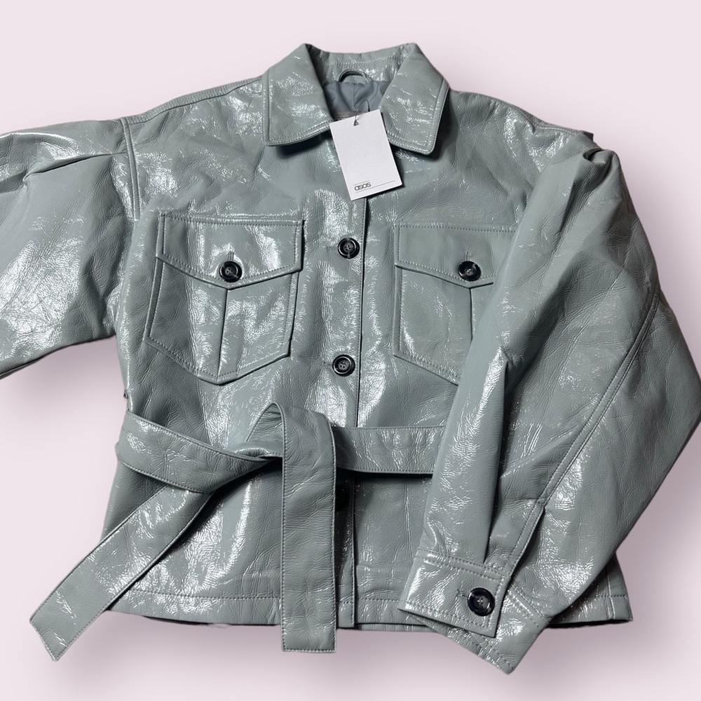 NWT Women’s ASOS Vinyl Tie Waist Light Grey Button Front Jacket With Belt Size 0 - Picture 3 of 13